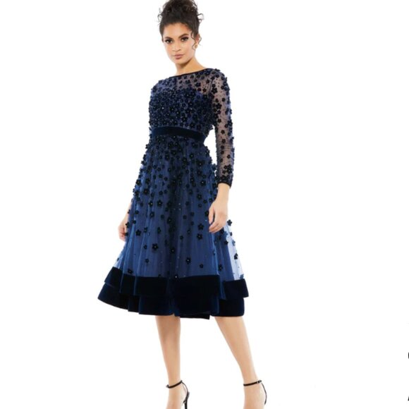 MAC DUGGAL 67007 ELEGANT FLORAL COCKTAIL MIDNIGHT NAVY MIDI DRESS sz 0 - Picture 1 of 4